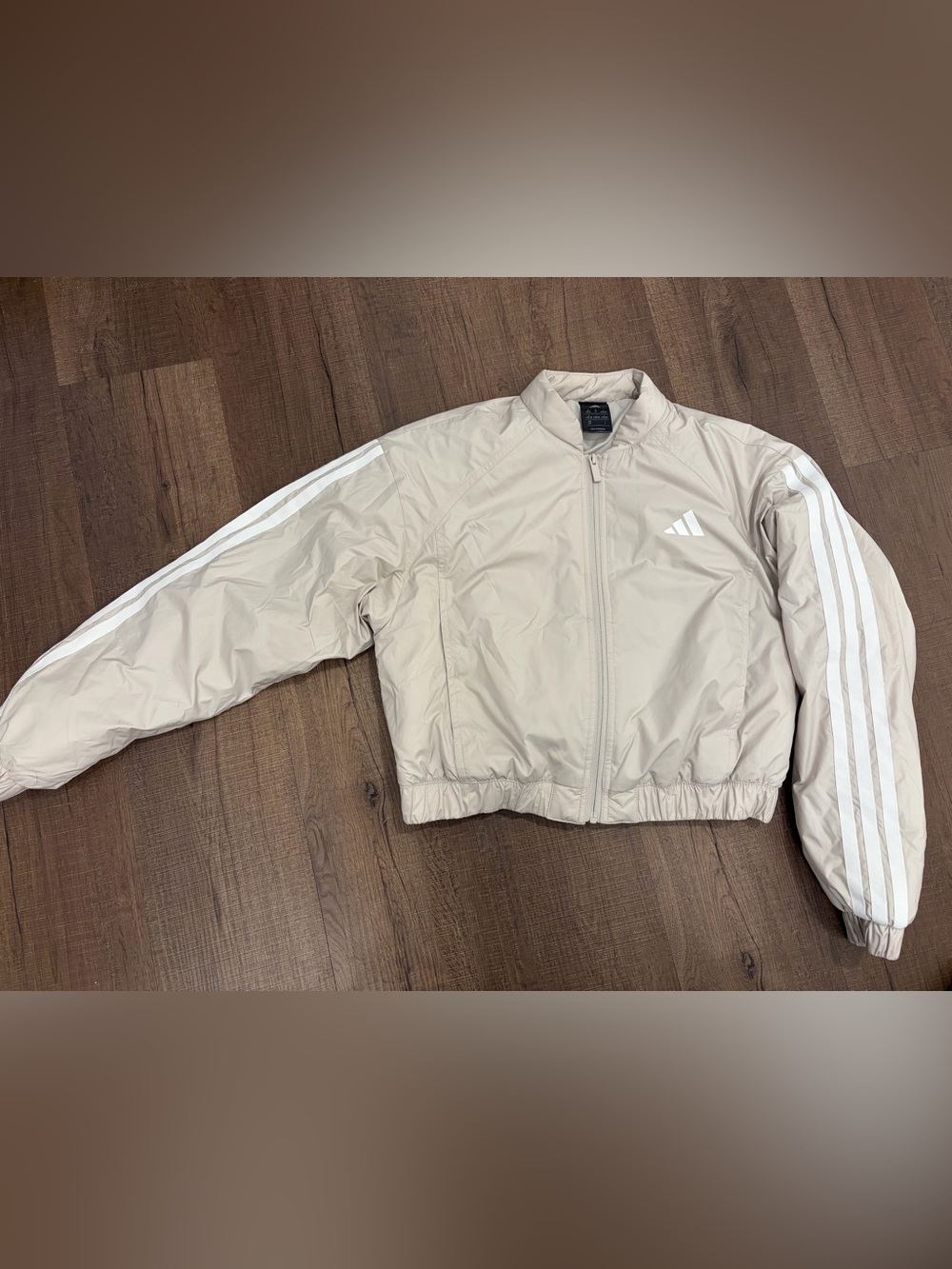 adidas Beige Cropped Puffer Jacket with White Stripes